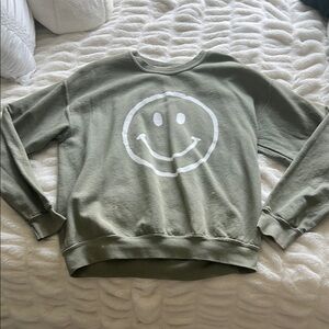 Altar'd State Green and White Crew Neck Sweater with Smiley Face